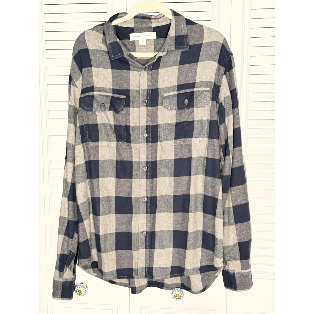 Old Navy Men's L Navy Plaid Flannel Shirt Built-In Flex Regular Fit Stretch